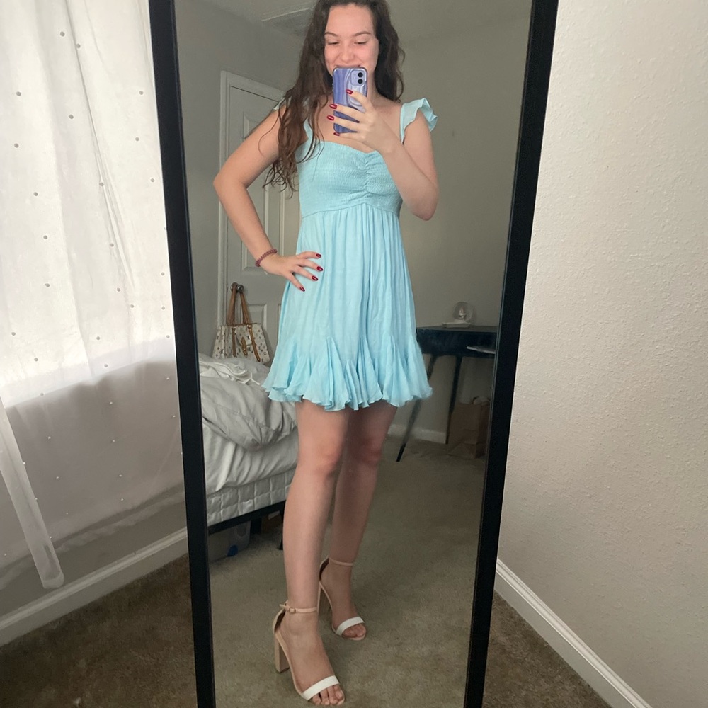 Aakaa Light Blue Smocked Ruffle Mini Dress